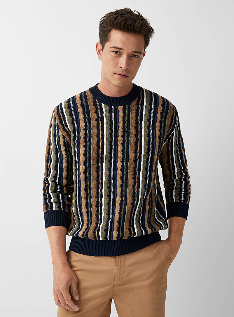 Le 31 Patterned Blue Colourful mixed knit sweater for men