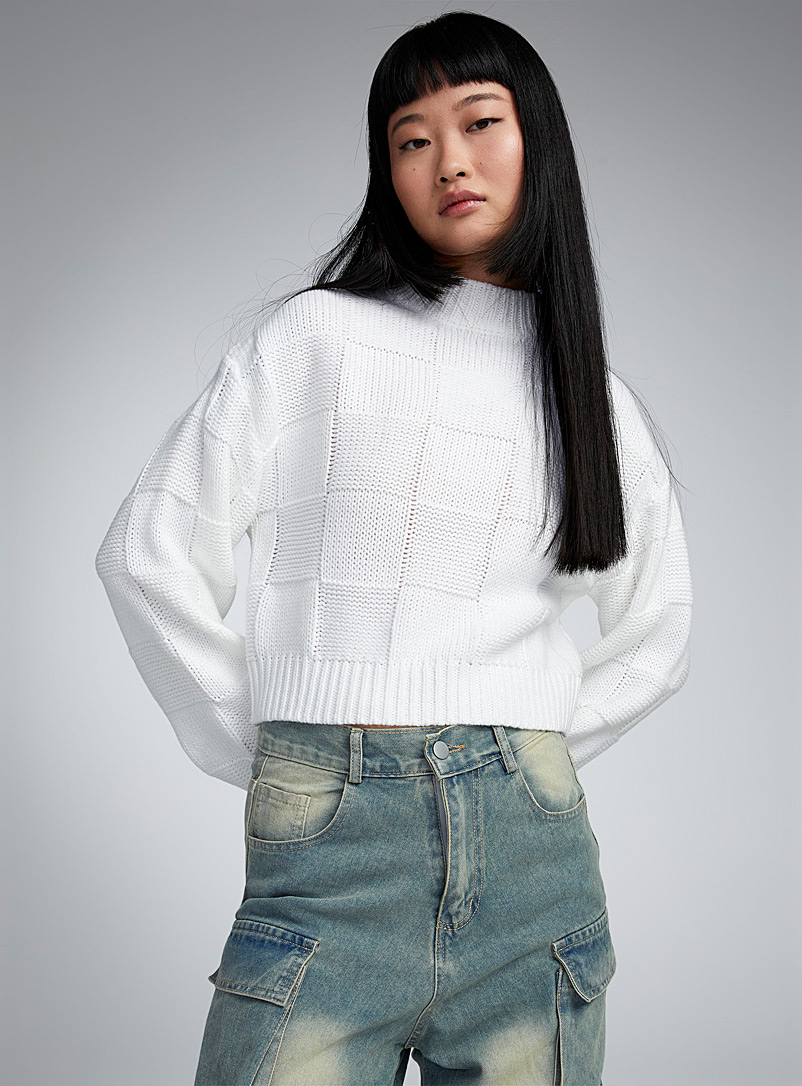 Twik White Checkered knit cropped mock neck for women