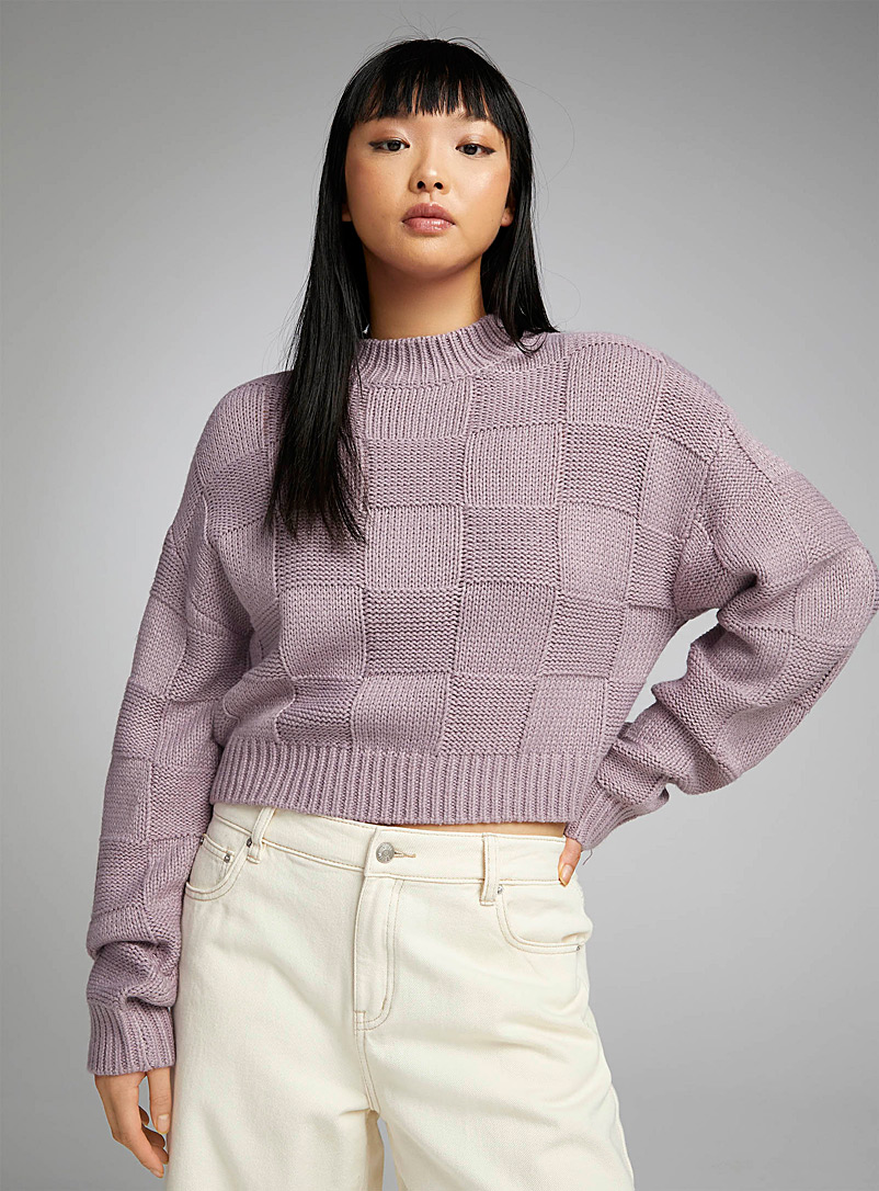 Twik Lilacs Checkered knit cropped mock neck for women