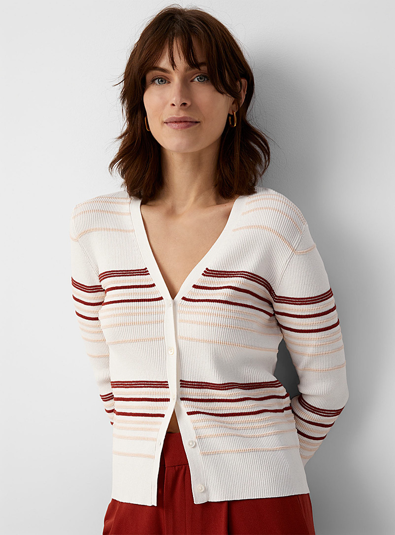 Contemporaine Ivory White Textured stripes cardigan for women