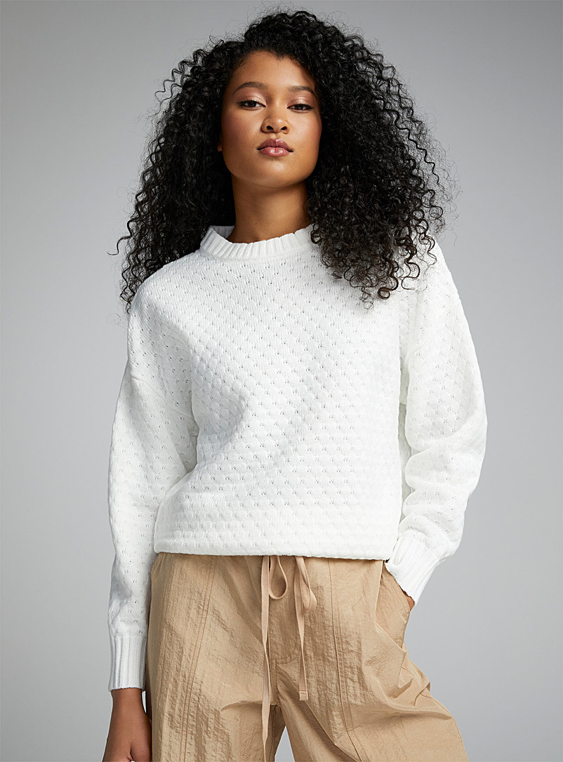 Twik Ivory White Diamond-textured sweater for women