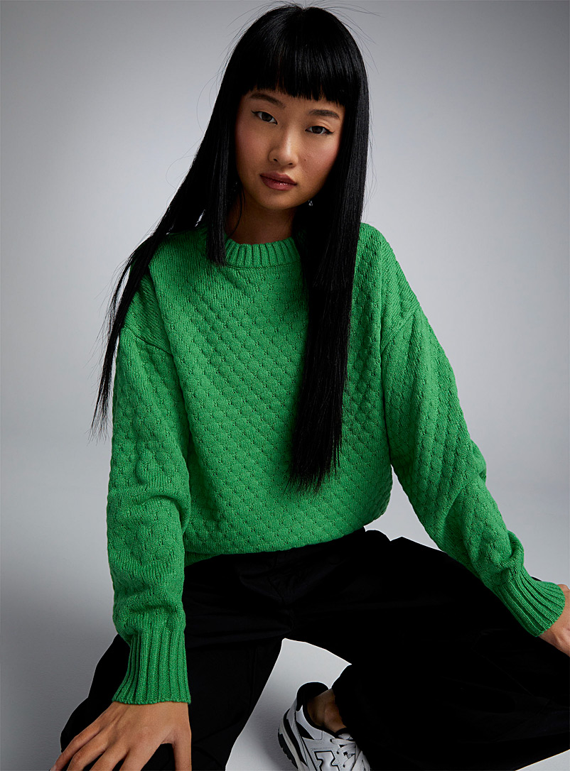 Twik Bottle Green Diamond-textured sweater for women