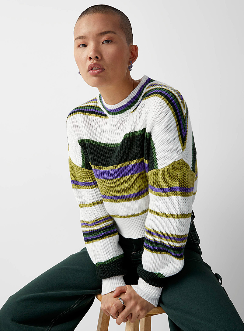 Twik Patterned Green Striped ribbed cropped sweater for women