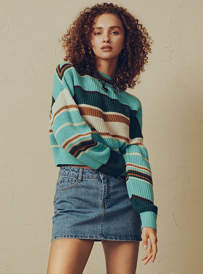 Twik Patterned Blue Stripped ribbed cropped sweater for women