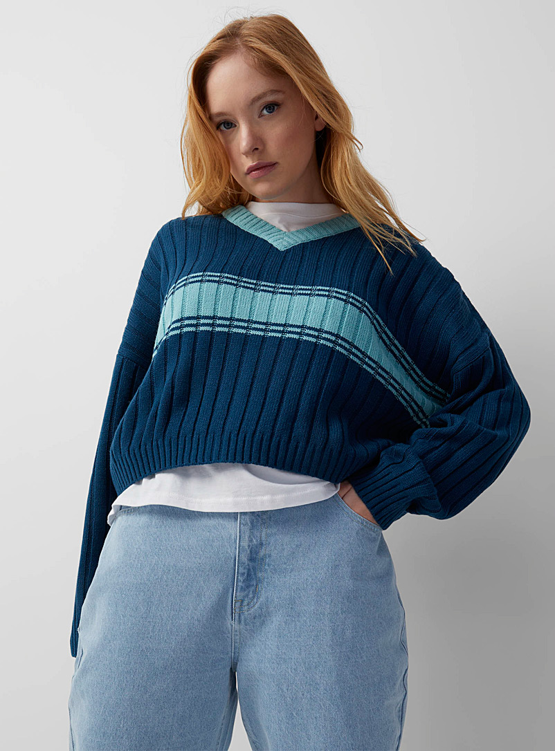 Twik Slate Blue Accent-stripe wide-rib cropped sweater for women
