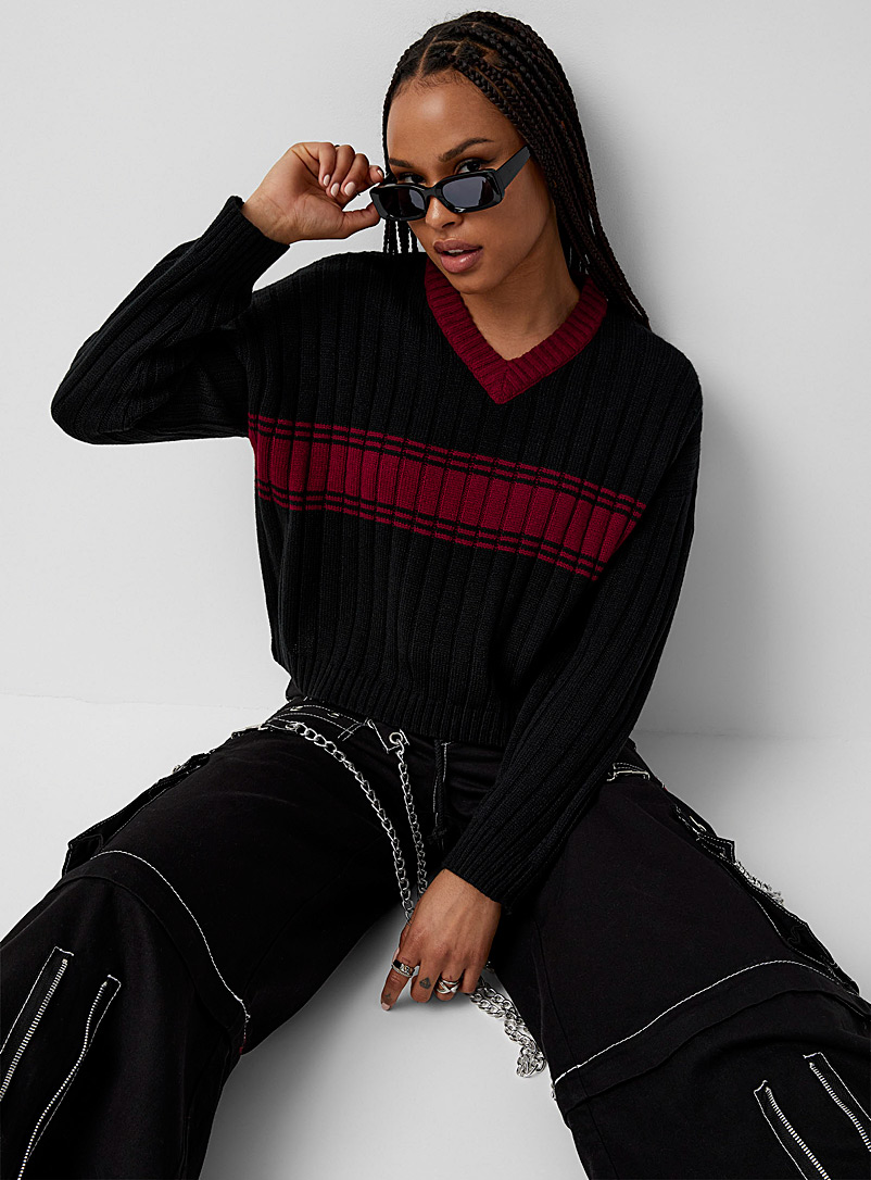 Twik Patterned Black Accent-stripe wide-rib cropped sweater for women