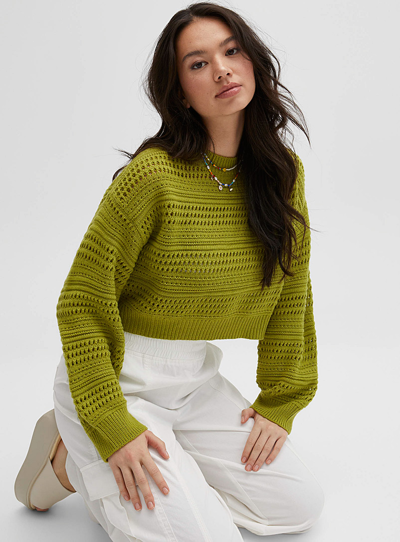 Twik Lime Green Openwork knit cropped sweater for women