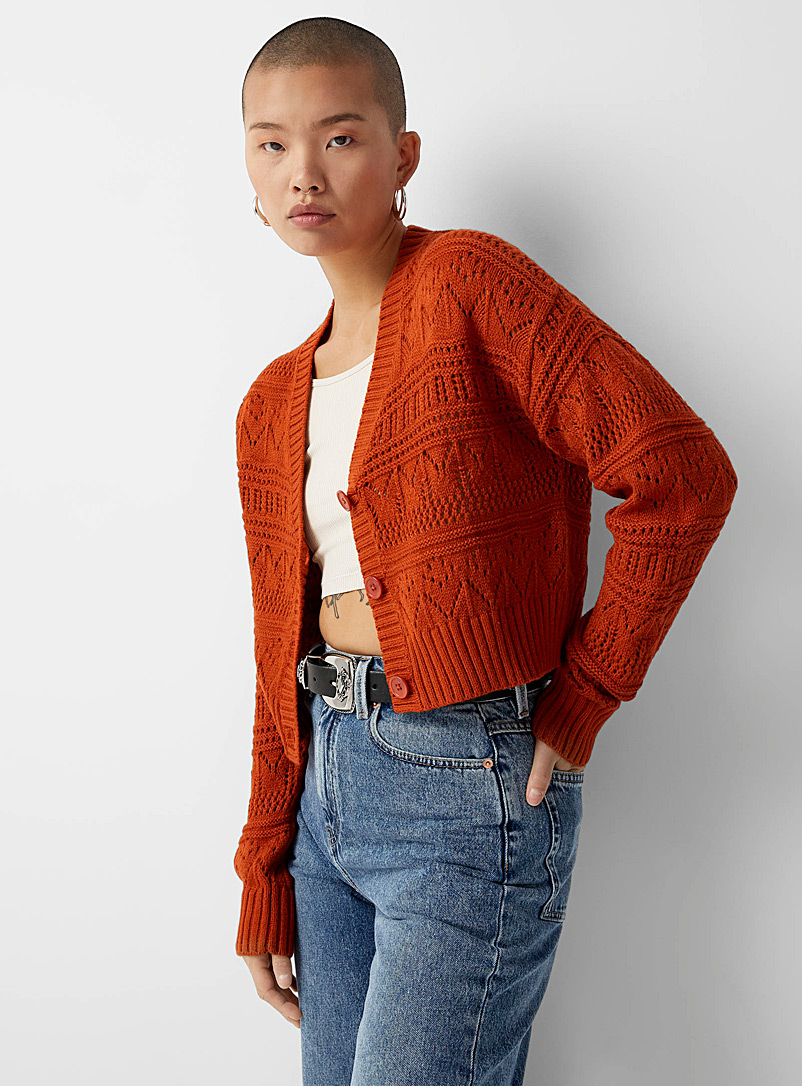Twik Dark Orange Buttoned pointelle knit cardigan for women