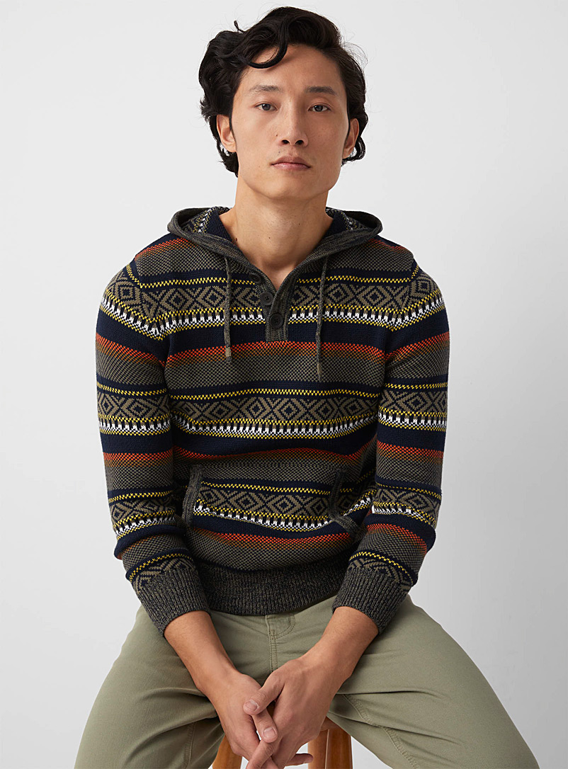 Le 31 Patterned Blue Nomad jacquard hooded sweater for men