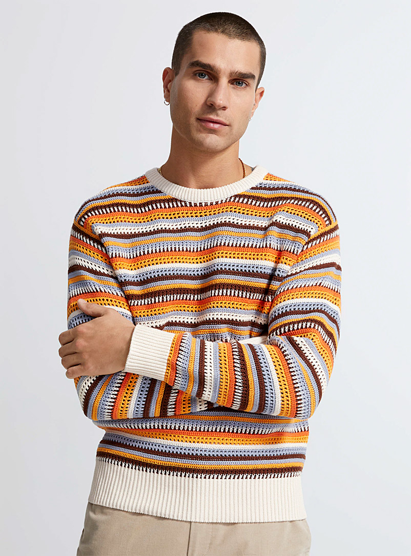Le 31 Patterned Ecru Striped crochet sweater for men