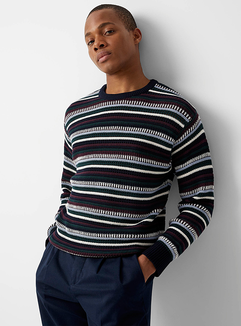 Le 31 Patterned Blue Crochet striped sweater for men