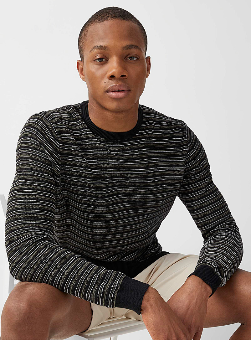 Le 31 Patterned Black Reversed jacquard stripe sweater for men