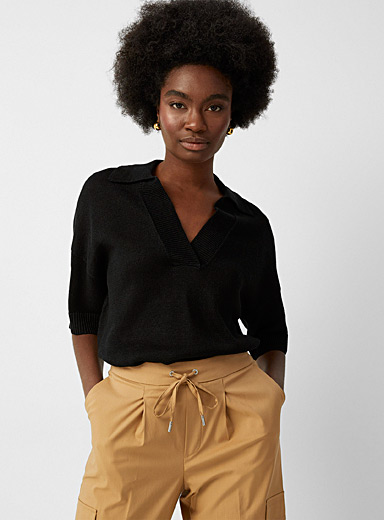 Contemporaine Black Organic linen Johnny-collar sweater for women