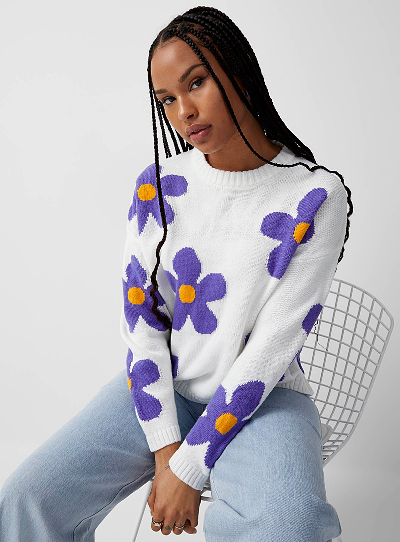 Twik Patterned White Happy flowers sweater for women