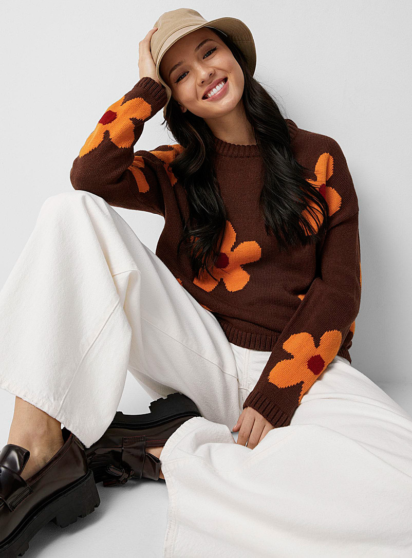 Twik Patterned Brown Happy flowers sweater for women