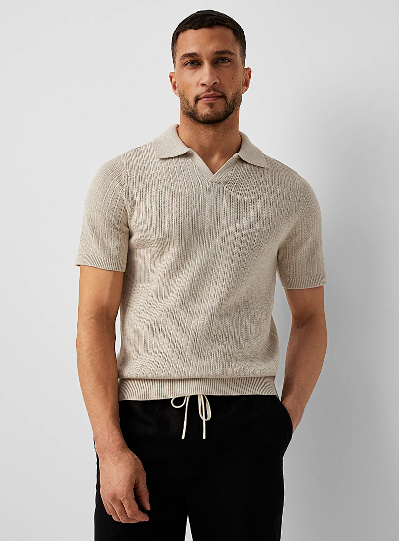 Le 31 Ecru/Linen Pure organic linen Johnny-collar sweater for men