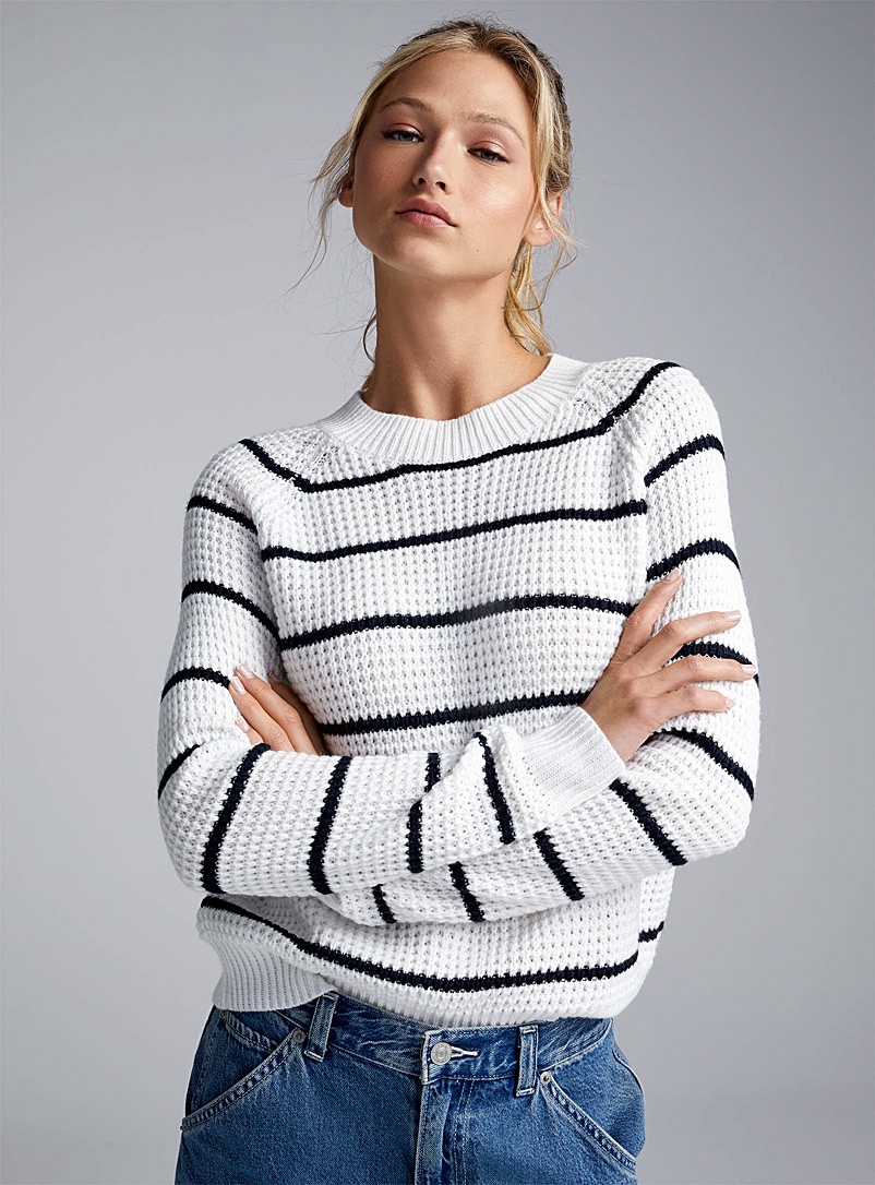Twik Patterned White Boxy-fit waffle-knit sweater for women