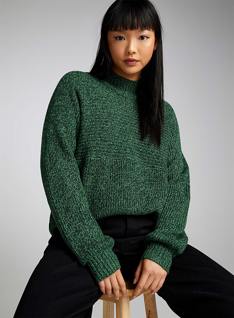 Twik Mossy Green Two-way ribbing mock-neck sweater for women