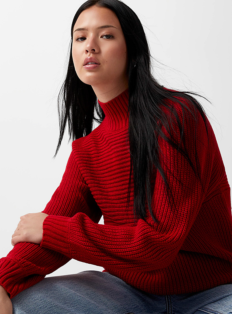 Twik Red Two-way ribbing mock-neck sweater for women