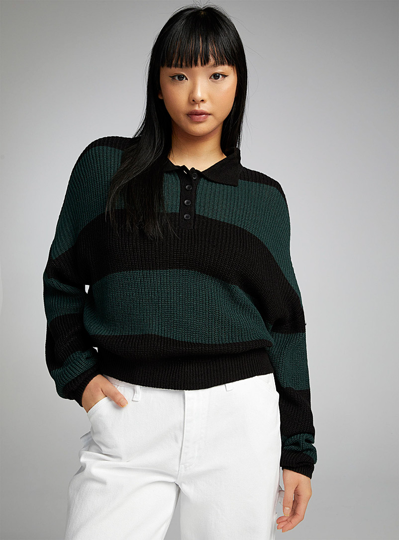Twik Patterned Black Wide stripes polo sweater for women