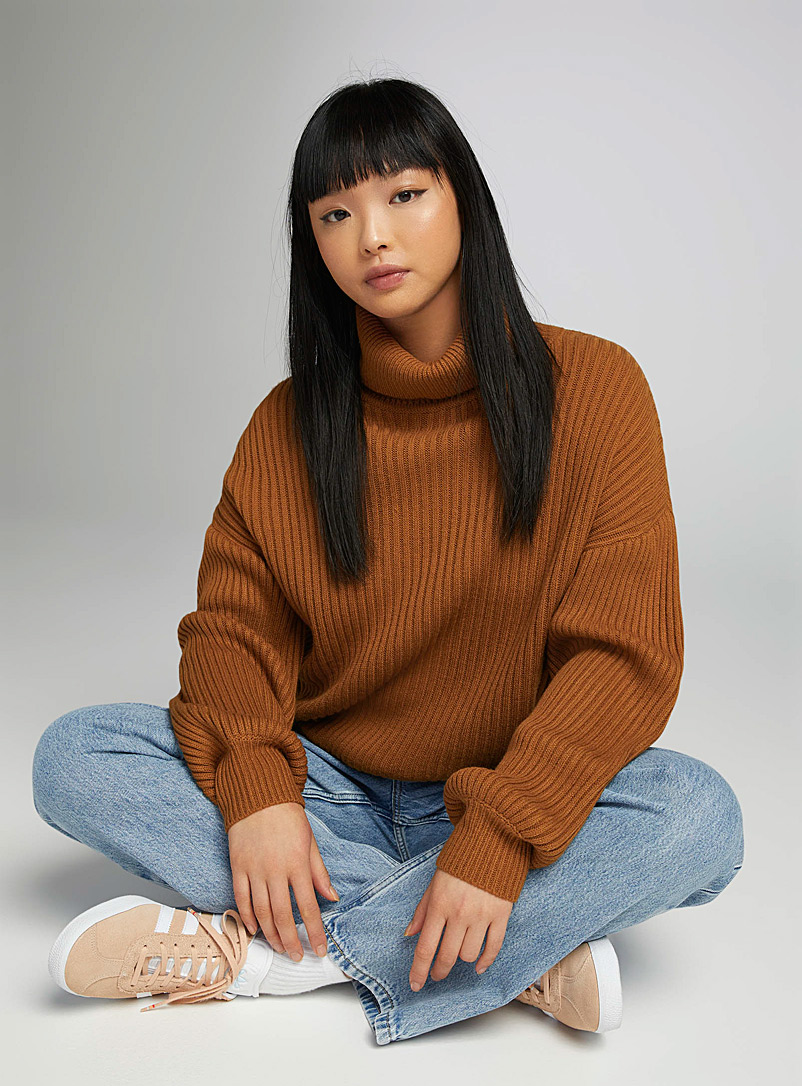 Twik Brown Puff-sleeve ribbed turtleneck sweater for women