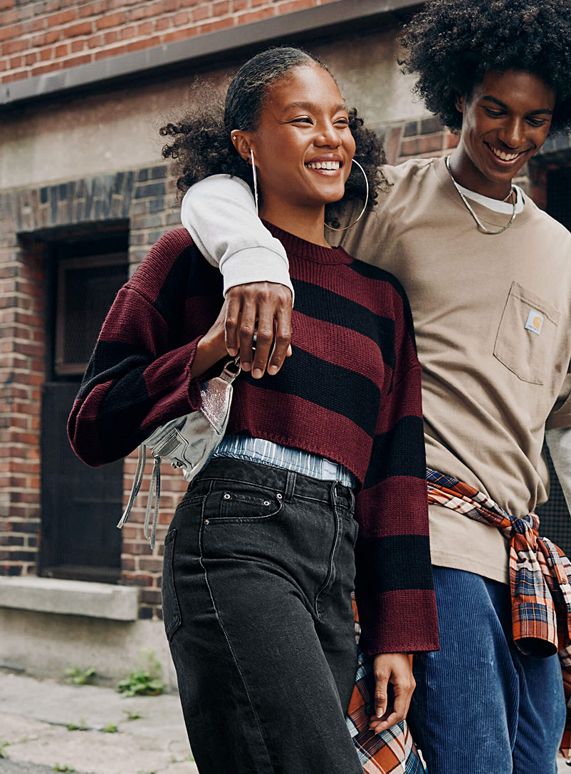 Twik Patterned Black Wide stripes cropped sweater for women