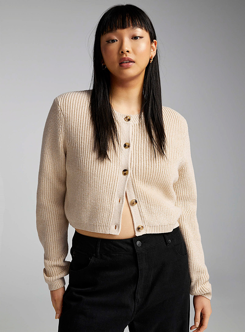 Twik Cream Beige Cropped ribbed cardigan for women