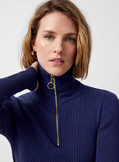 Contemporaine Dark Blue Zippered collar ribbed sweater for women