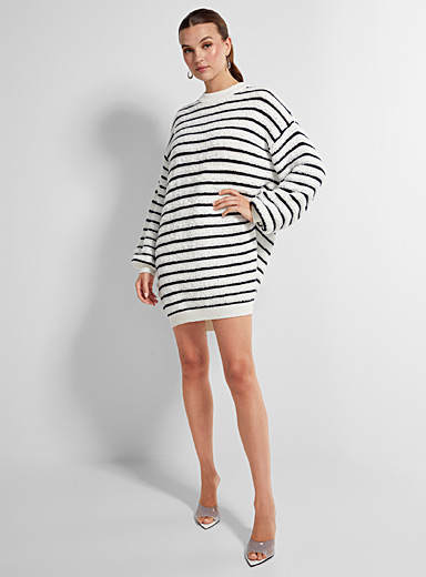 Icône Patterned White Textured stripes knit dress for women