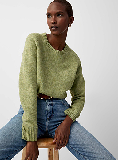 Contemporaine Bottle Green Ribbed edging raglan sweater for women