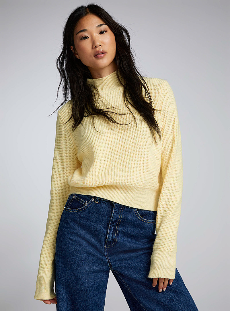 Twik Light Yellow Waffled mock-neck sweater for women