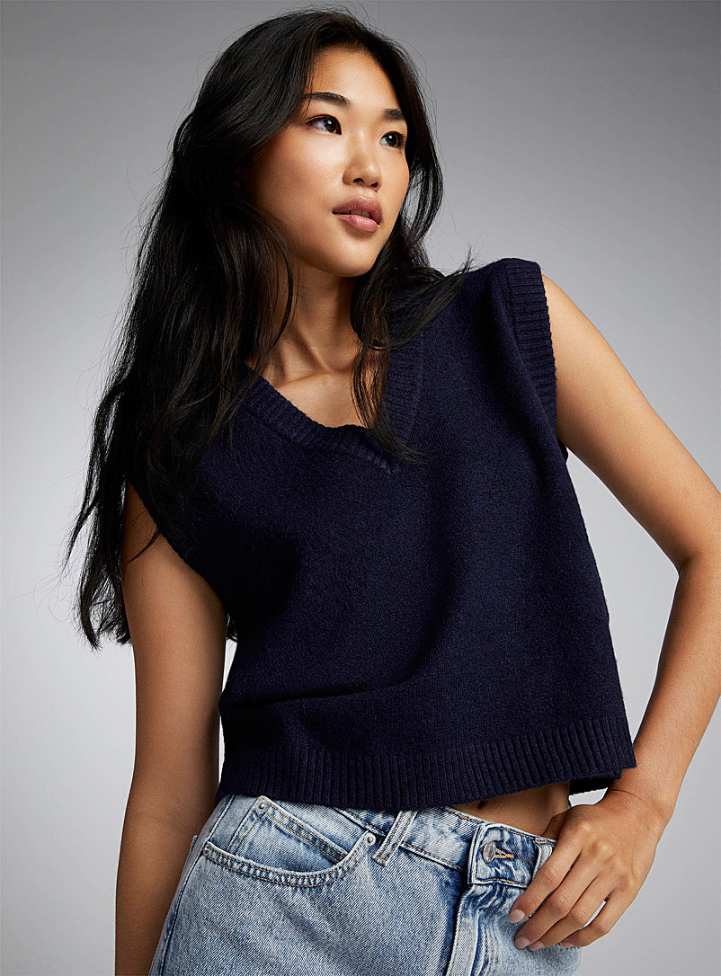 Twik Marine Blue Plush knit V-neck sweater vest for women