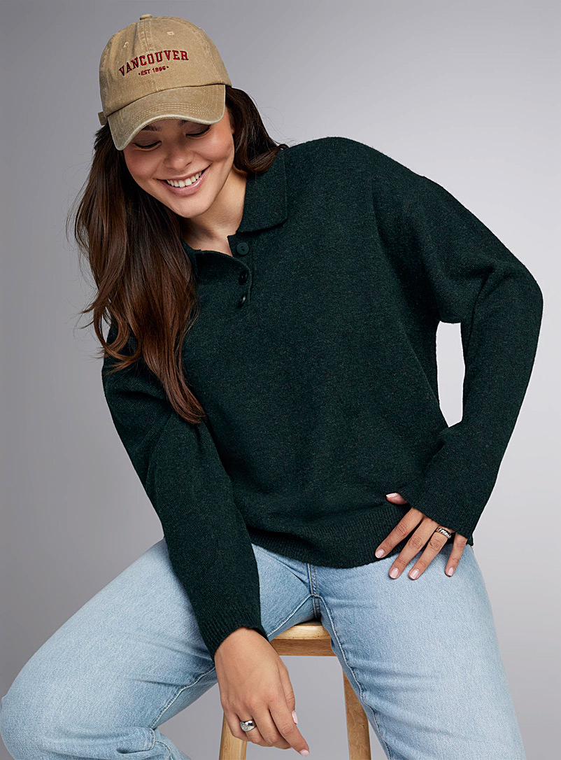 Twik Mossy Green Three-button polo sweater for women