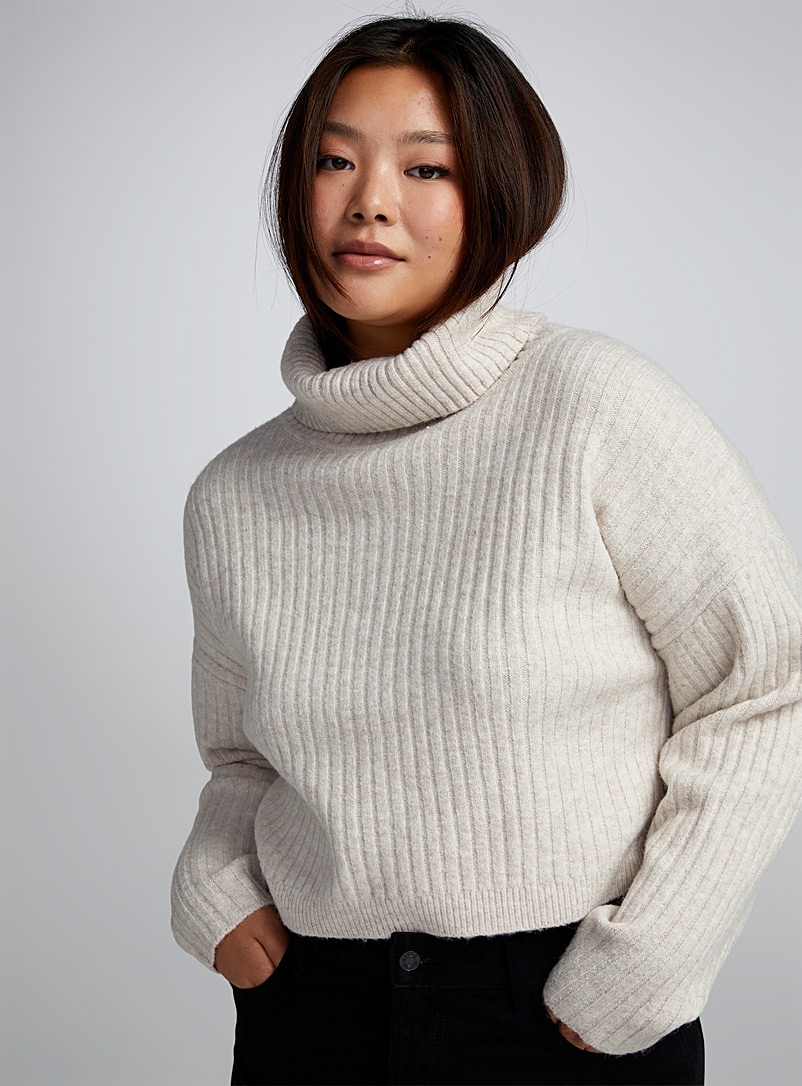 Twik Cream Beige Wide mock-neck ribbed sweater for women