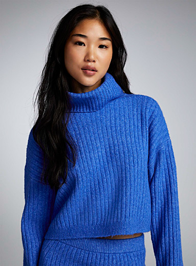 Twik Blue Wide mock-neck ribbed sweater for women