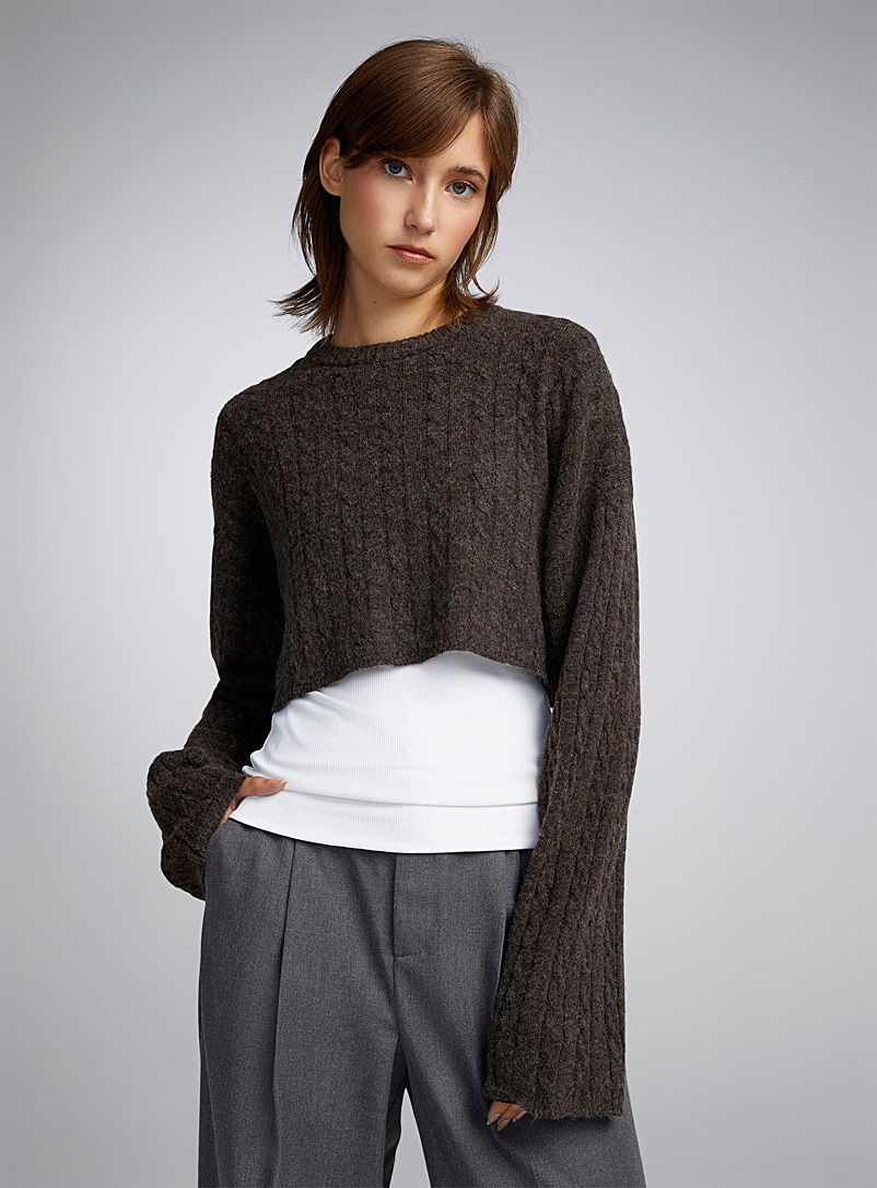 Twik Dark Brown Loose-sleeve braided knit sweater for women