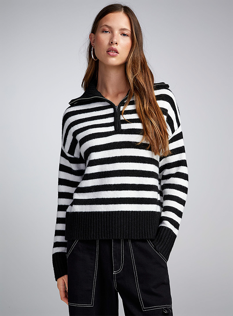 Twik Black and White Striped zippered mock-neck sweater for women