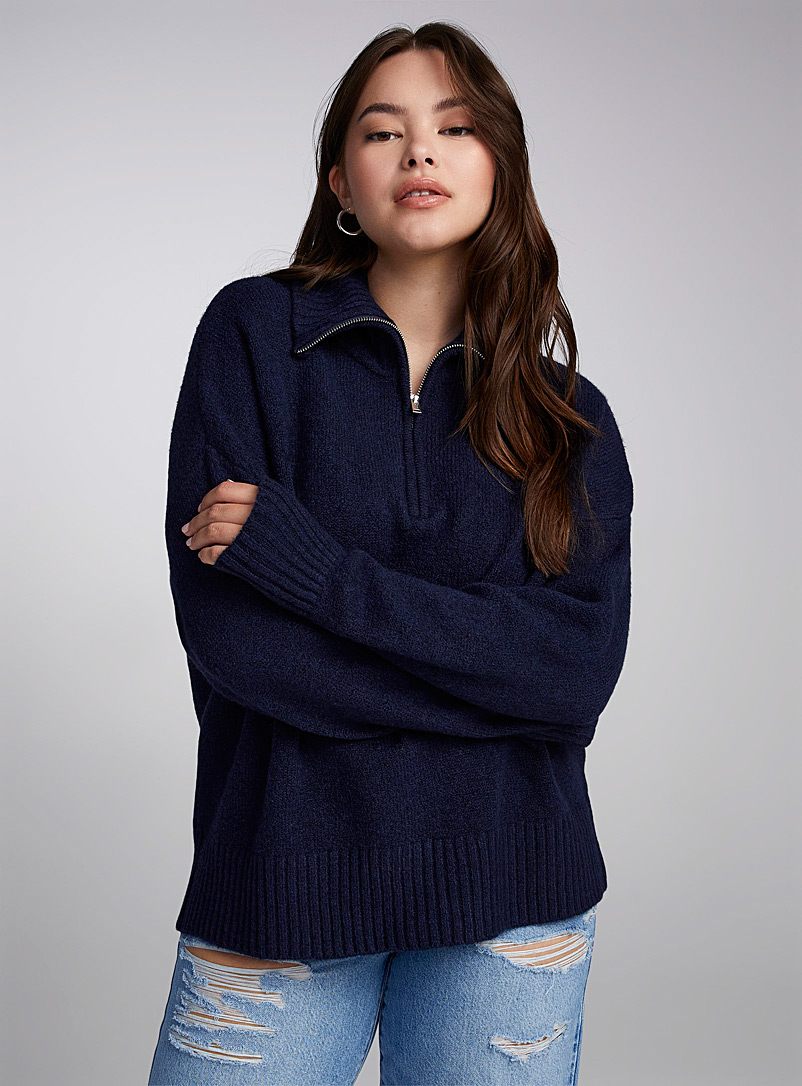 Twik Marine Blue Striped zippered mock-neck sweater for women