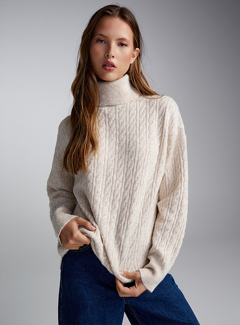 Twik Cream Beige Small cables turtleneck sweater for women
