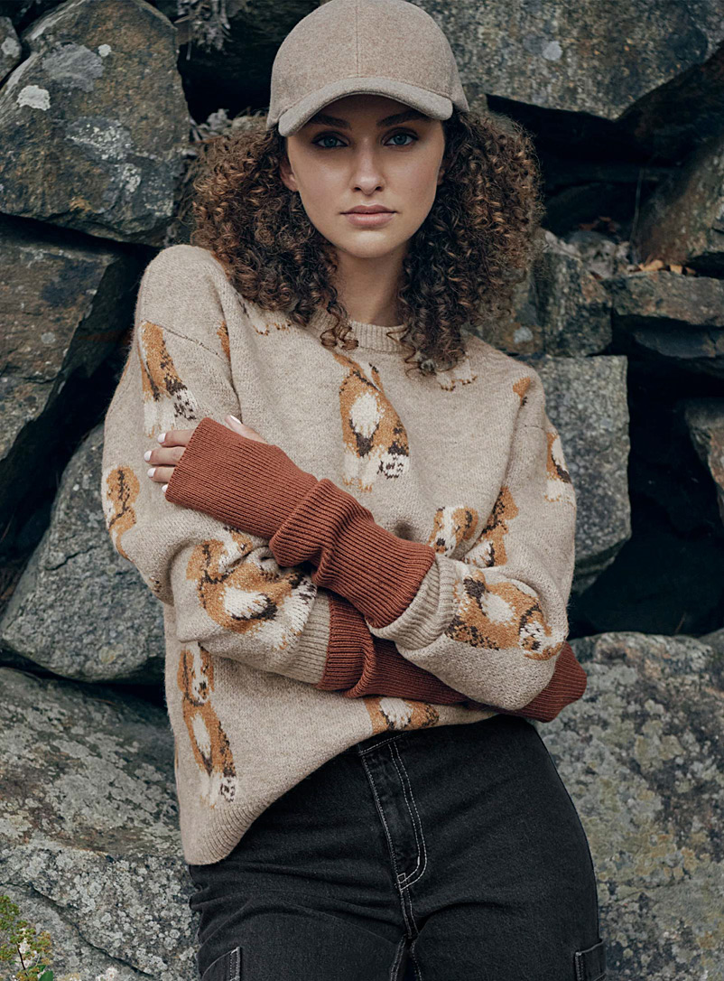 Twik Patterned Brown Plush animal mosaic sweater for women