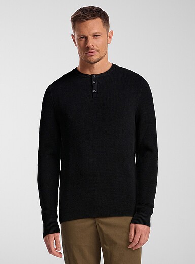 Le 31: Le chandail henley tricot gaufr&eacute; Noir pour homme