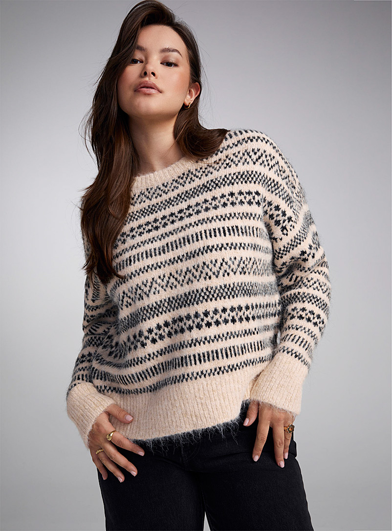 Twik Cream Beige Two-tone geometric stripe sweater for women