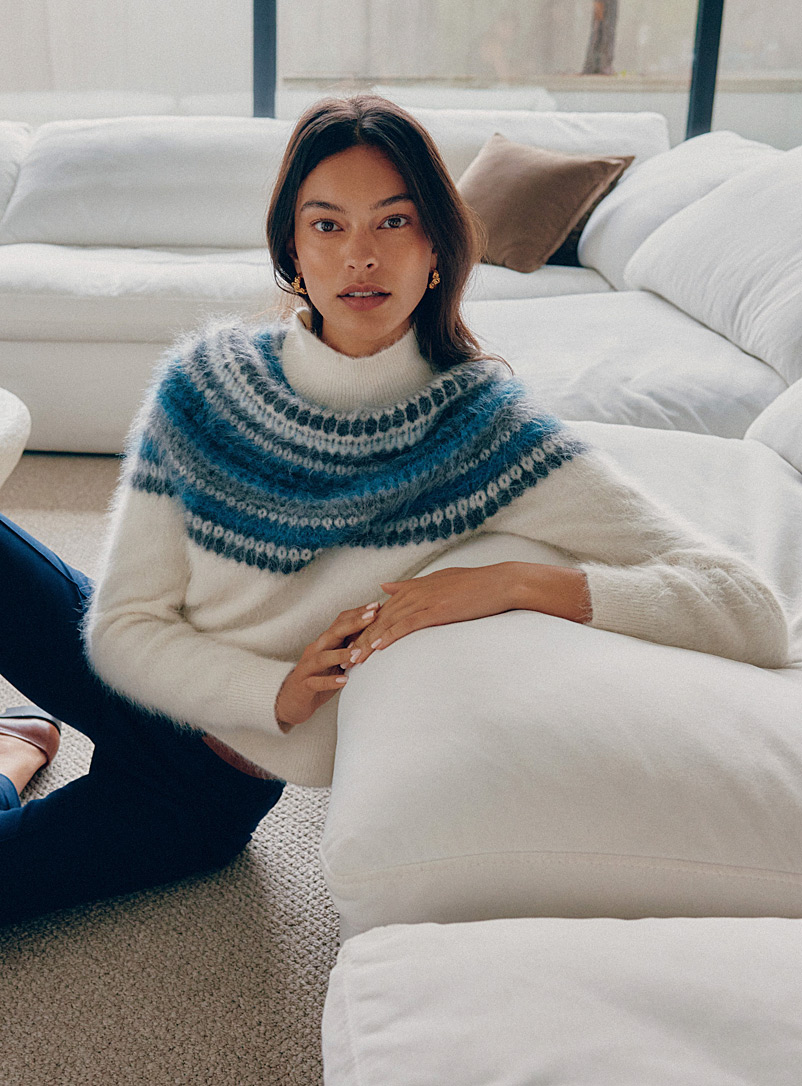 Contemporaine Ivory White Fuzzy Icelandic jacquard sweater for women