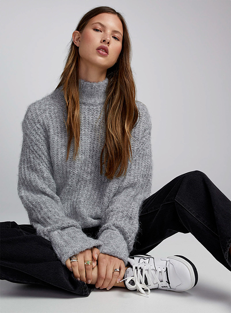 Twik Grey Cuffed wrists mock-neck sweater for women