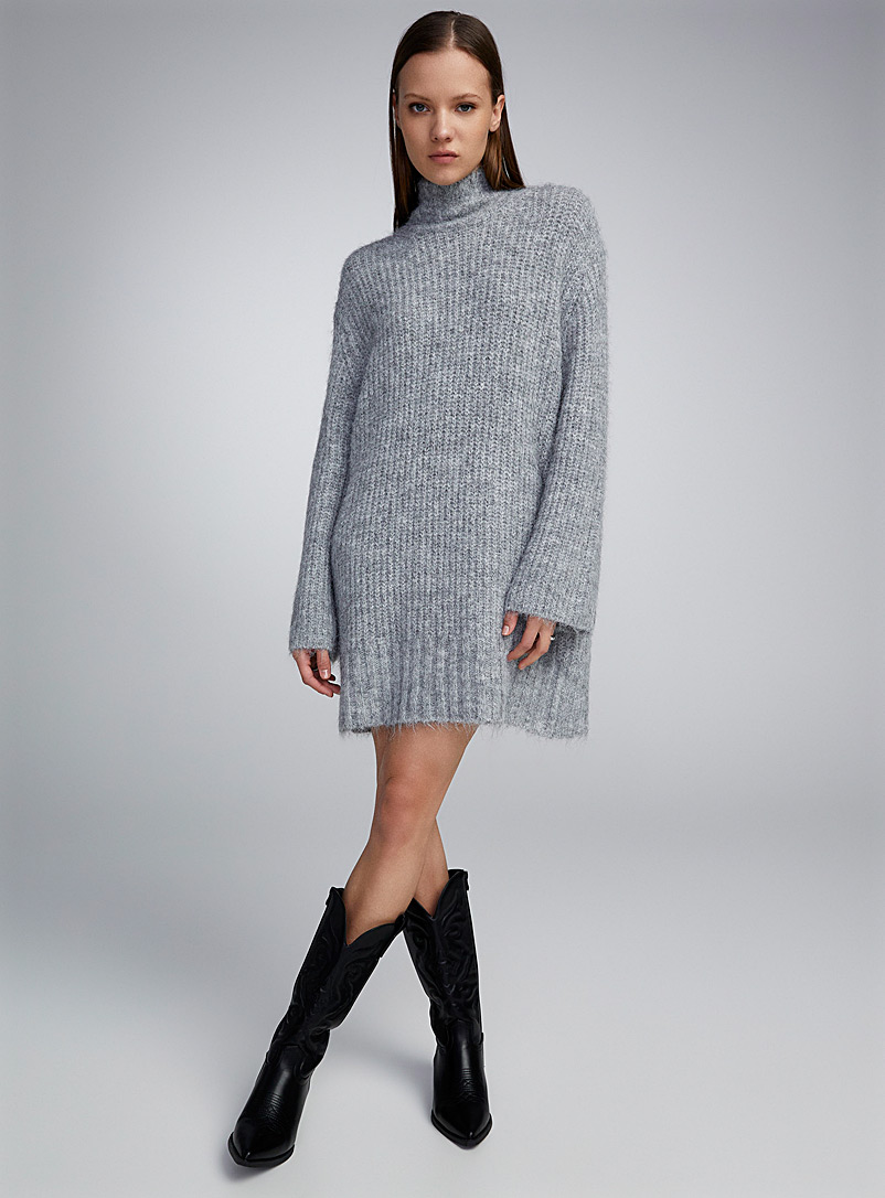 Twik Grey Plush knit mock-neck shift dress for women