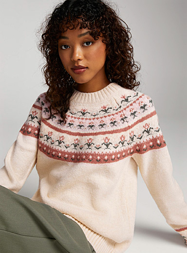 Twik Patterned White Streamers jacquard sweater for women