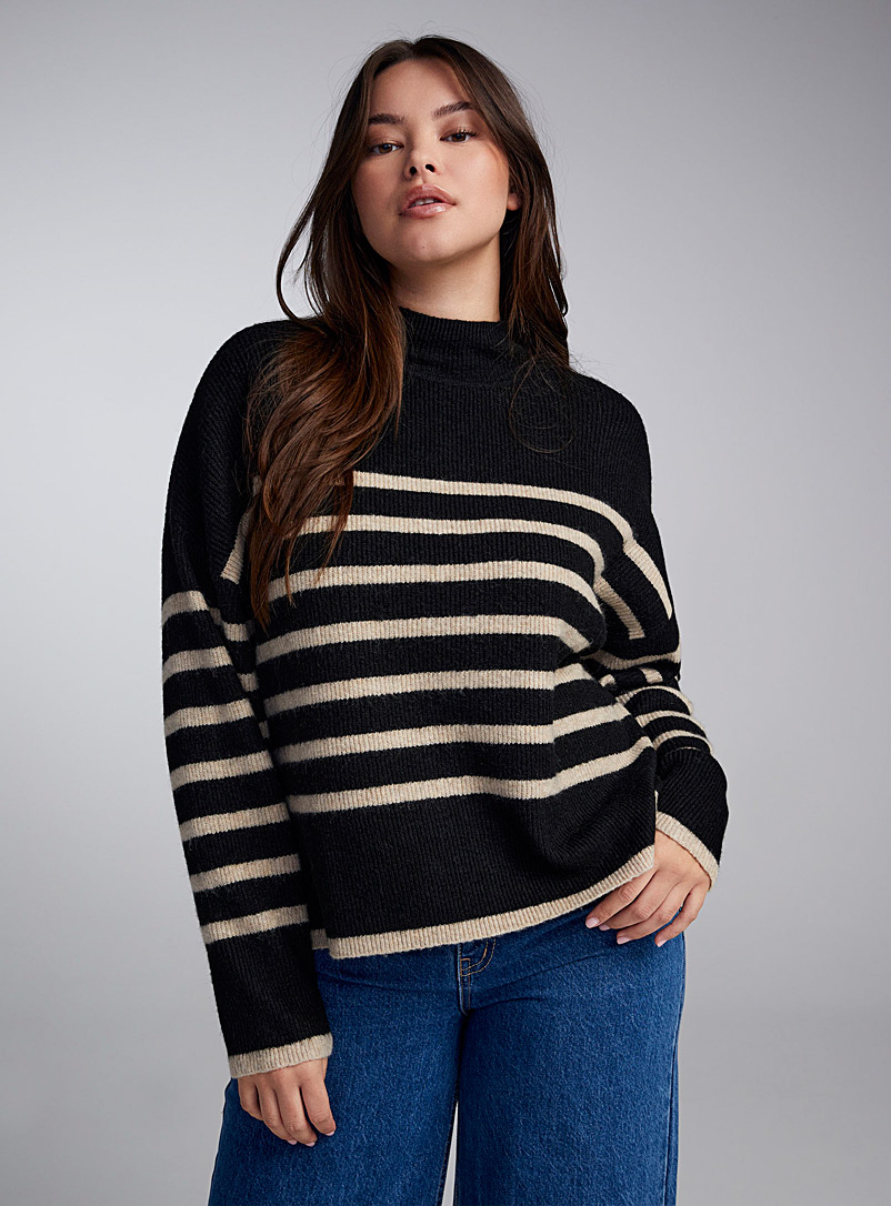 Twik Patterned Black Striped mock-neck sweater for women