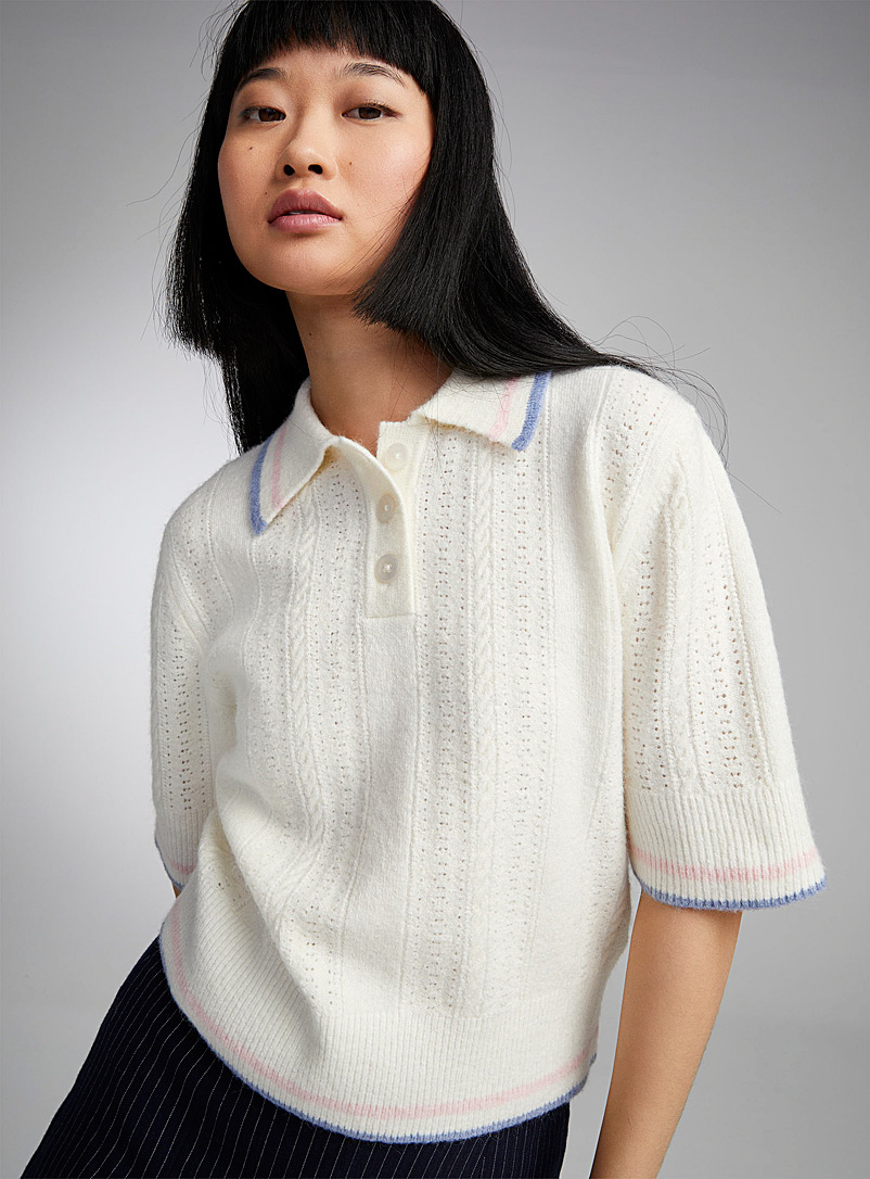 Twik Ivory White Pointelle knit polo collar sweater for women