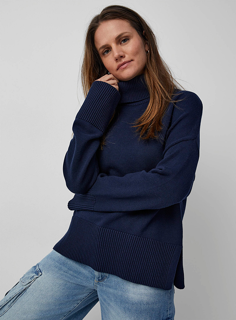 Contemporaine Marine Blue Ribbed edging loose turtleneck sweater for women