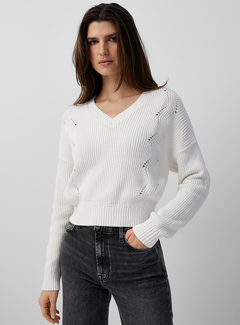 Contemporaine White Openwork zigzags ribbed sweater for women